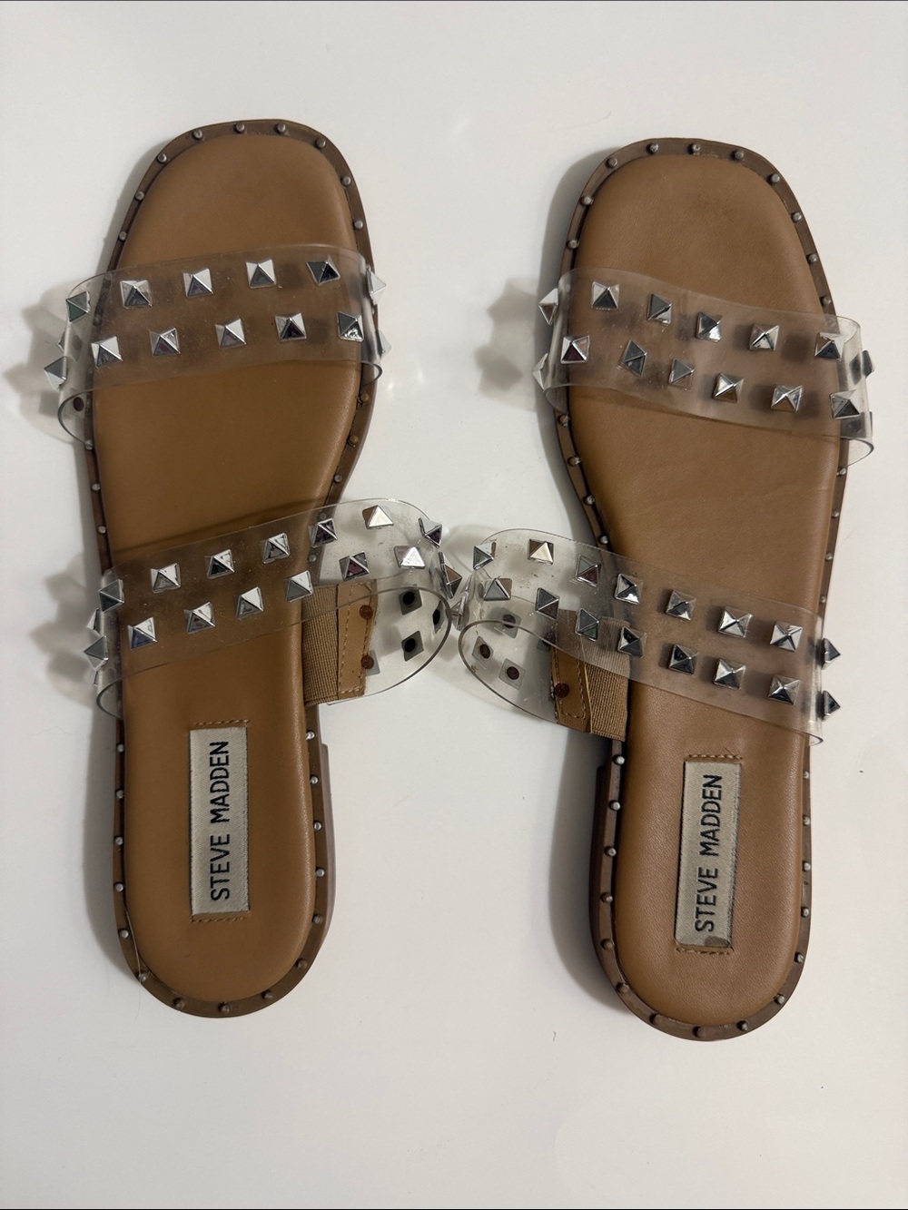 Steve Madden Clear Studded Slide Sandals in Tan Footbed